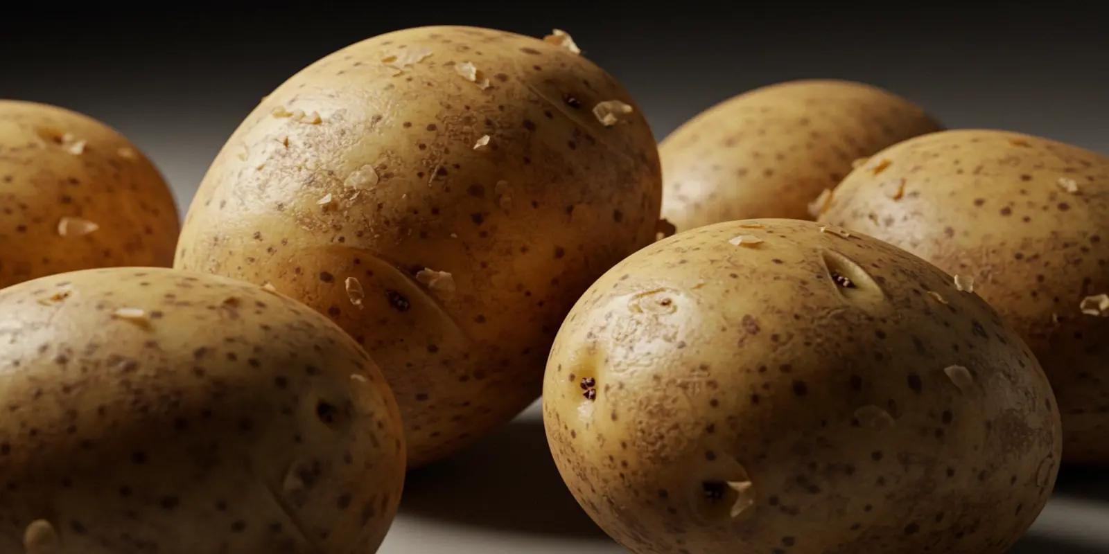 Several Yukon Gold potatoes with smooth, light brown skin and shallow eyes are clustered together on a light surface against a dark background.
