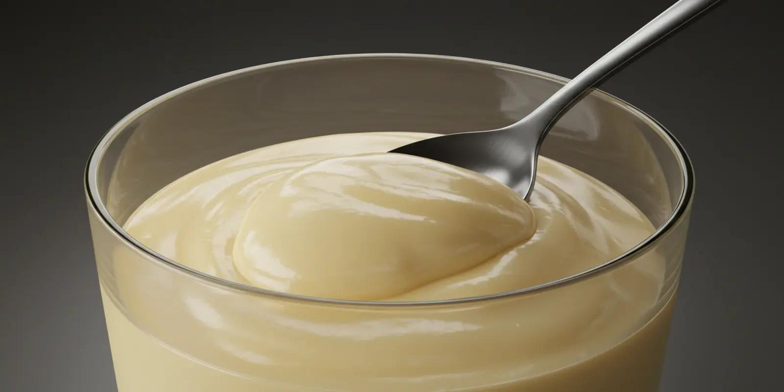 A clear glass filled with smooth, creamy, pale yellow vanilla pudding. A silver spoon is inserted into the pudding, holding a generous scoopful. The surface of the pudding in the glass has gentle swirling patterns.