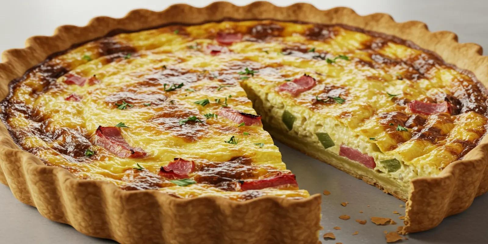 A partially sliced quiche Lorraine in a round, fluted pastry crust. The savory custard filling contains pieces of bacon or ham and possibly cheese and vegetables. One wedge has been removed, revealing the creamy interior.