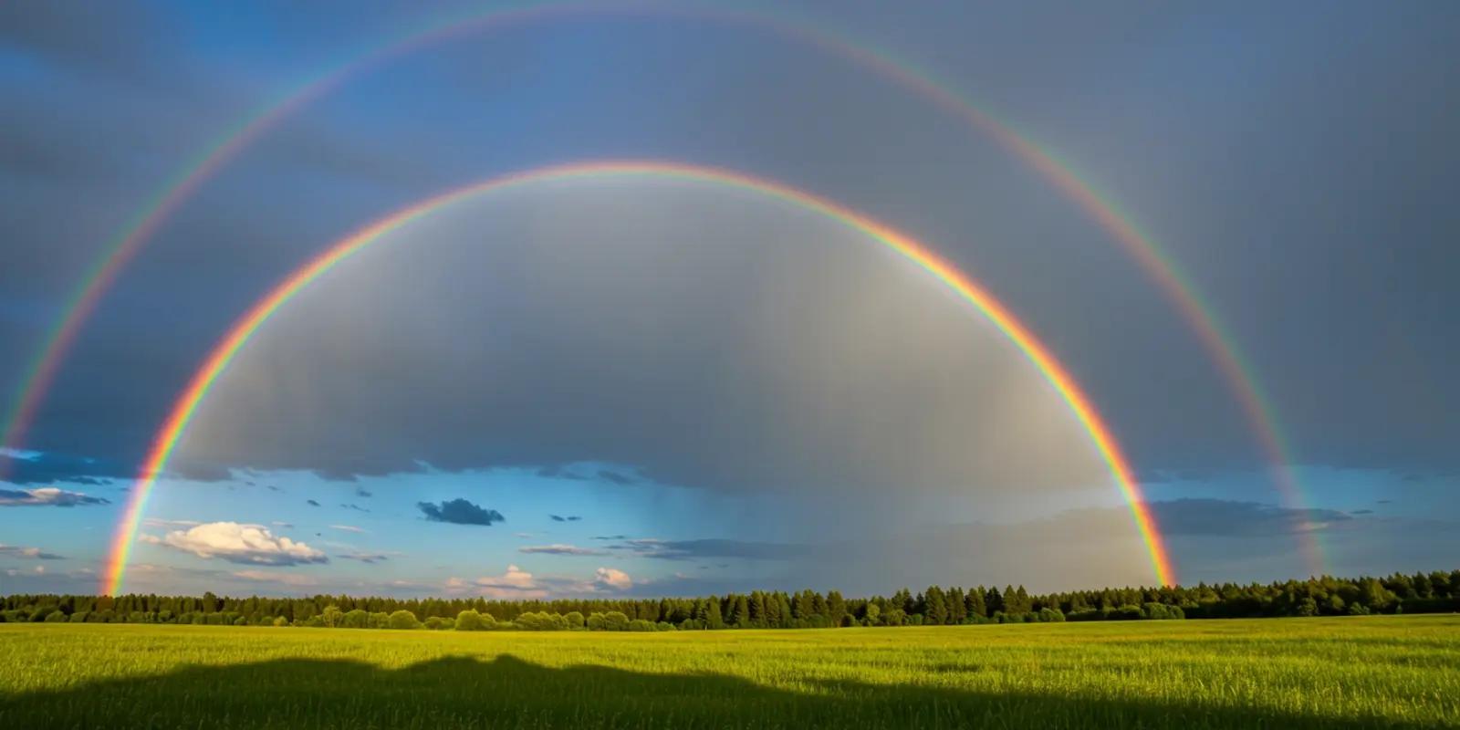 A vibrant double rainbow arches across the sky after a rain shower. The primary rainbow is bright with clear bands of color (red, orange, yellow, green, blue, indigo, violet), while the fainter secondary rainbow shows the colors in reverse order.