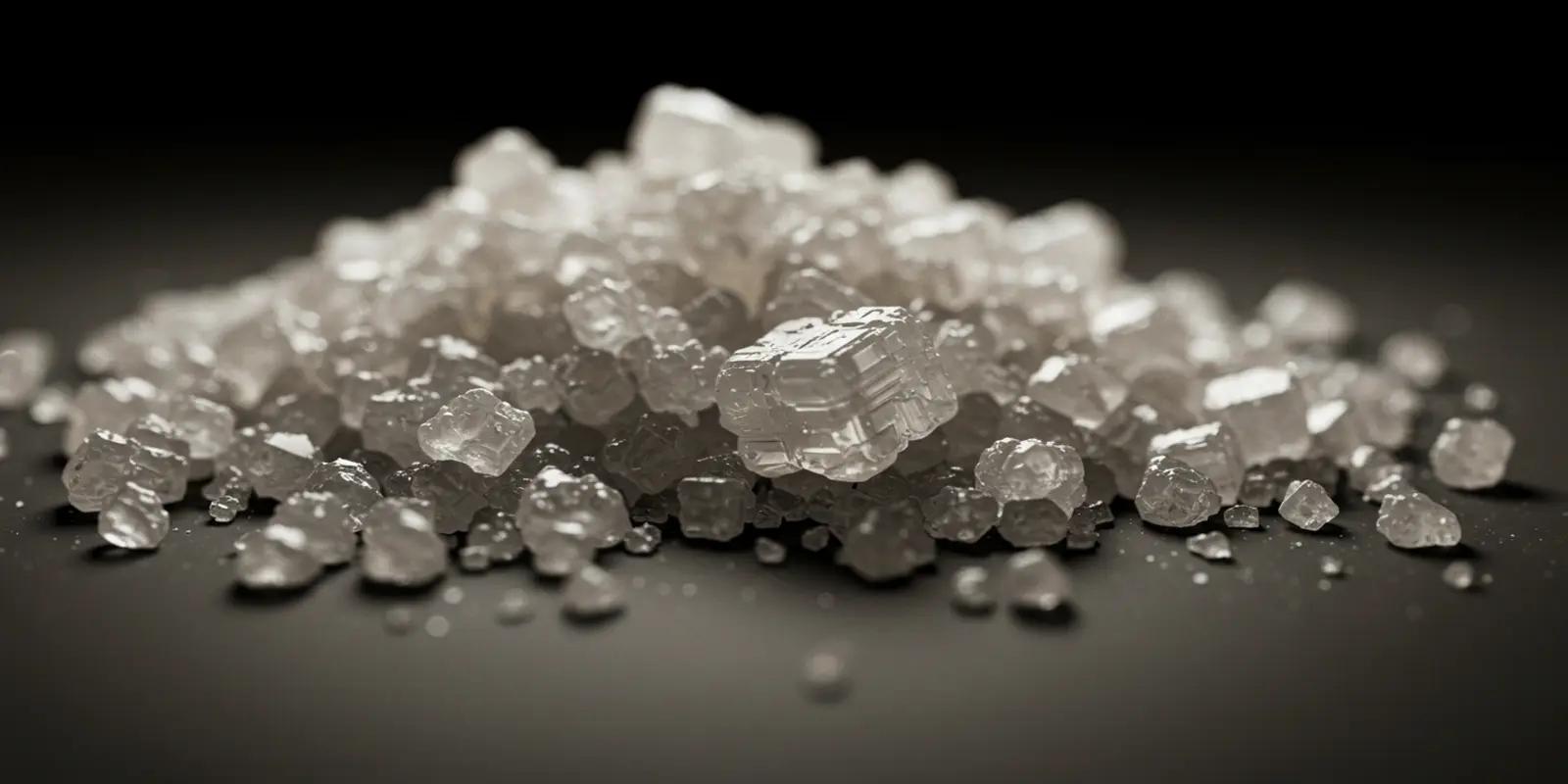 A pile of large, translucent, crystalline salt granules, likely rock salt or coarse sea salt, is shown against a dark background. The crystals vary in size and shape, with a rough, uneven texture.