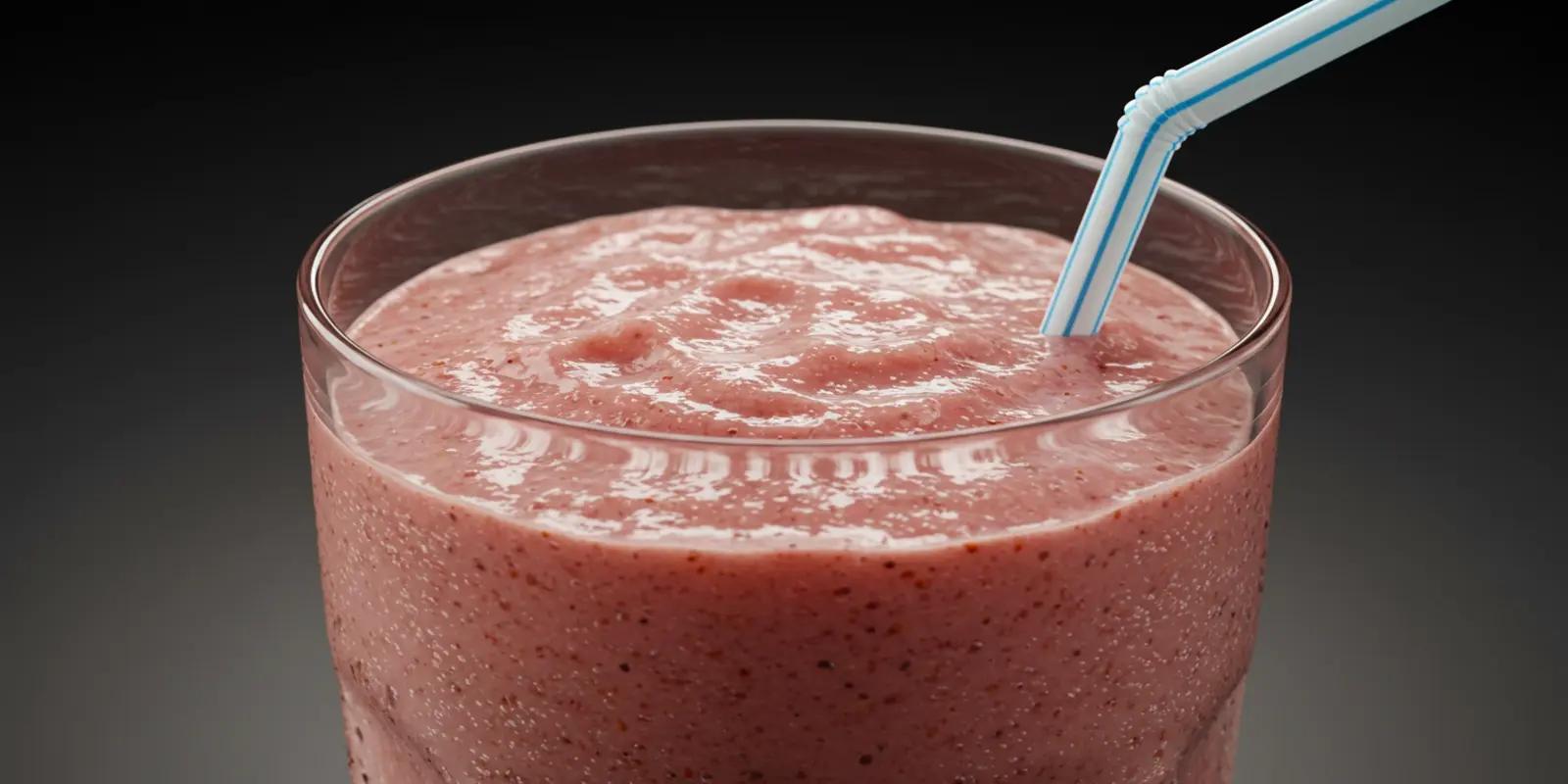 A close-up of a tall glass filled with a pale pink strawberry banana smoothie. The smoothie has a thick, blended texture and small flecks of fruit are visible. A blue and white striped straw is inserted into the drink.