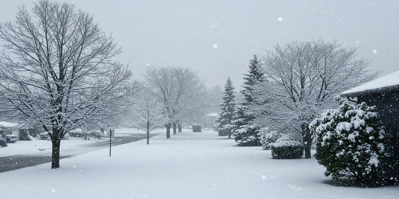 A street covered in snow, with snow-covered trees lining the sides and falling snowflakes.