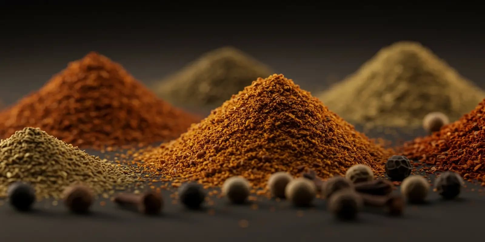 Several small mounds of different colored ground spices, including reddish-brown, yellowish-brown, and greenish-brown, are arranged in a row on a dark surface. In the foreground, there are scattered whole black peppercorns and a few brown cloves.
