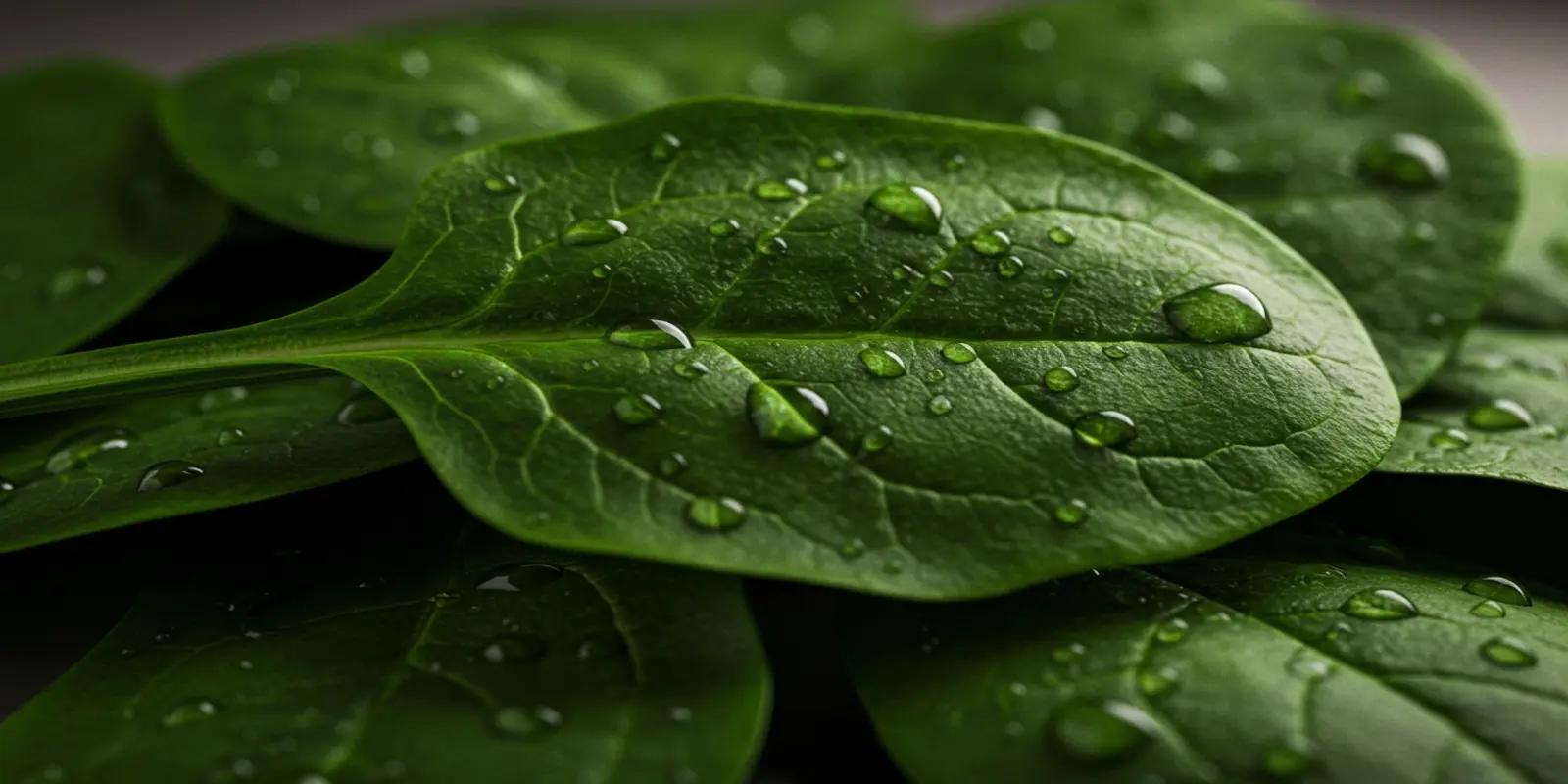 A close-up of several dark green, oval-shaped spinach leaves covered in glistening water droplets. The leaves have prominent veins and a slightly crinkled texture.
