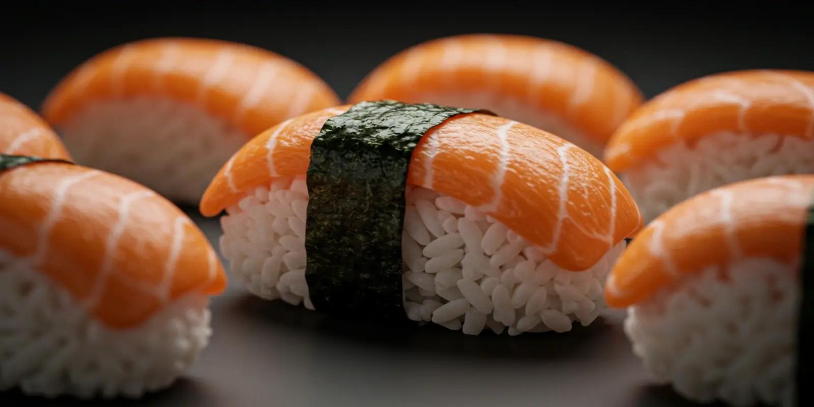 Several pieces of salmon nigiri sushi are arranged on a dark grey surface. Each piece consists of an oblong mound of white rice topped with a slice of bright orange raw salmon, held together with a strip of dark green nori seaweed.