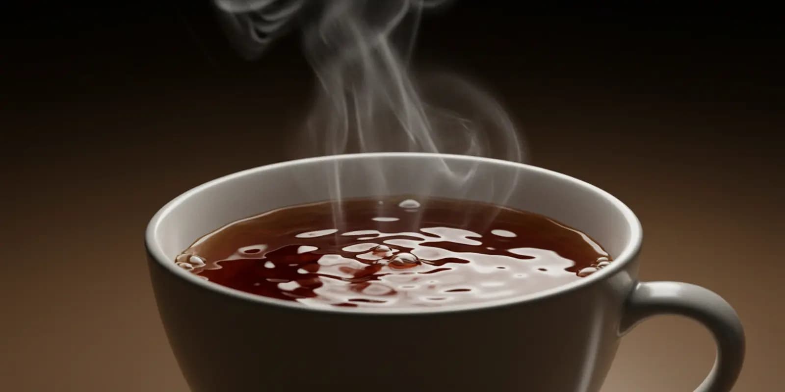 A close-up of a white mug filled with steaming dark brown tea. Wisps of white steam rise from the surface of the liquid.