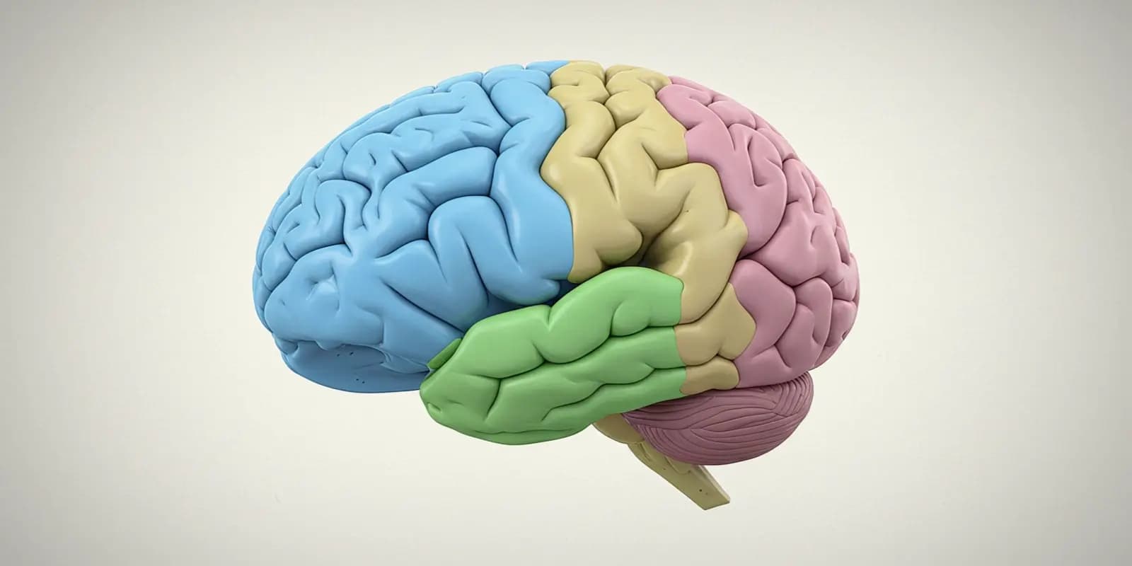 A view of the brain highlighting the frontal lobe (blue), parietal lobe (yellow), temporal lobe (green), occipital lobe (pink), and cerebellum (purple).