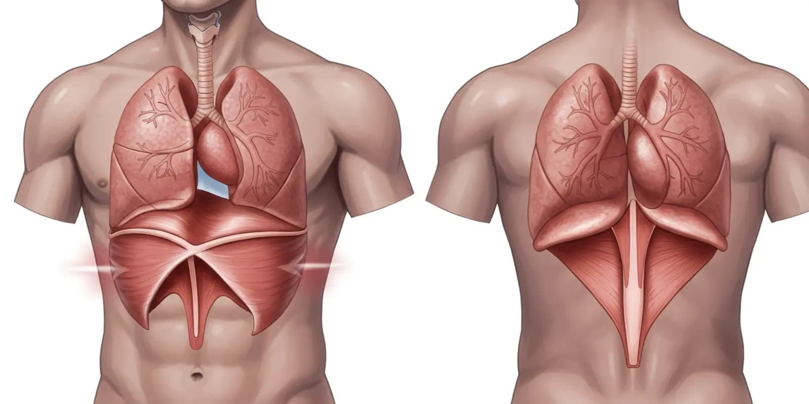 An illustration showing the diaphragm muscle located below the lungs, viewed from the front and back.