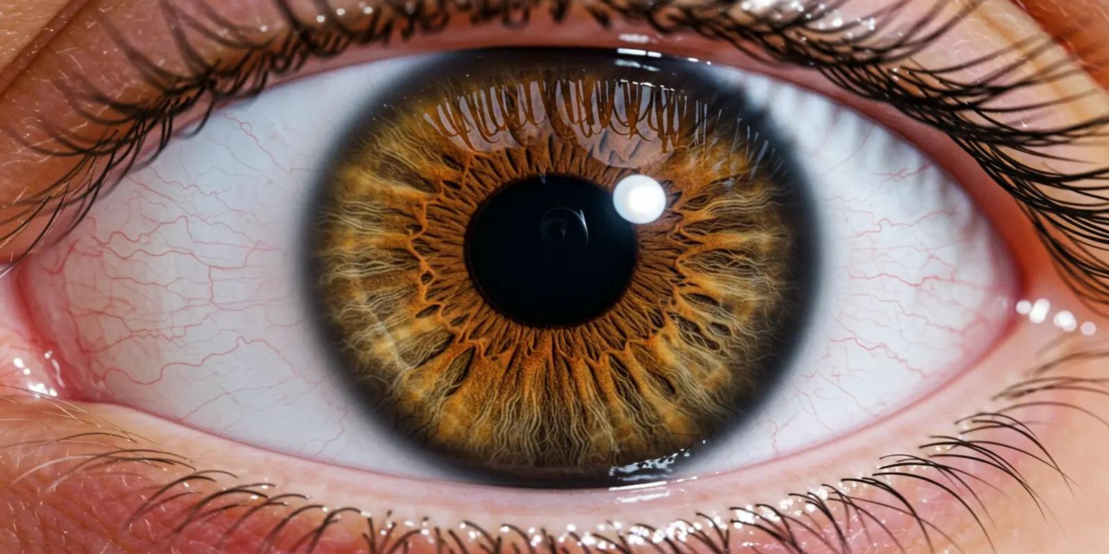 A detailed close-up of a human eye showing the iris, pupil, and eyelashes.