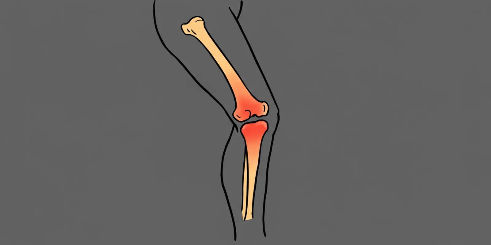 An illustration showing the femur, or thigh bone, in relation to the knee joint and lower leg bones.