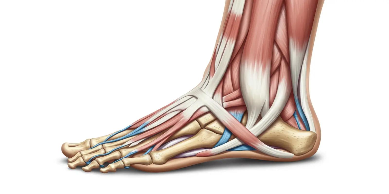 An illustration showing the bones, muscles, tendons, and ligaments in the human foot.