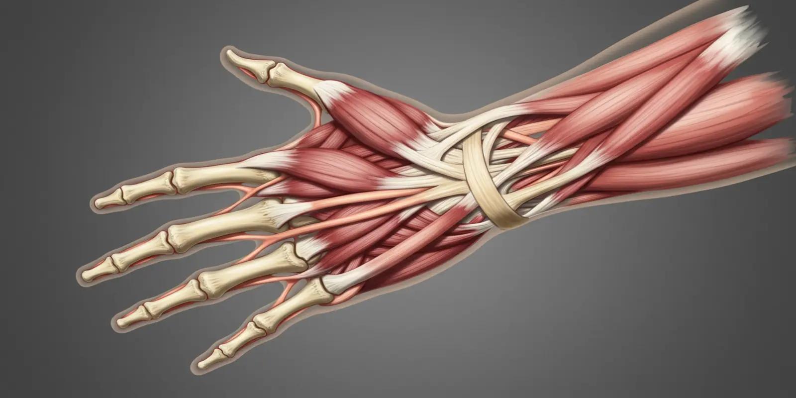 An illustration showing the muscles of the human hand and forearm, along with the underlying bones.
