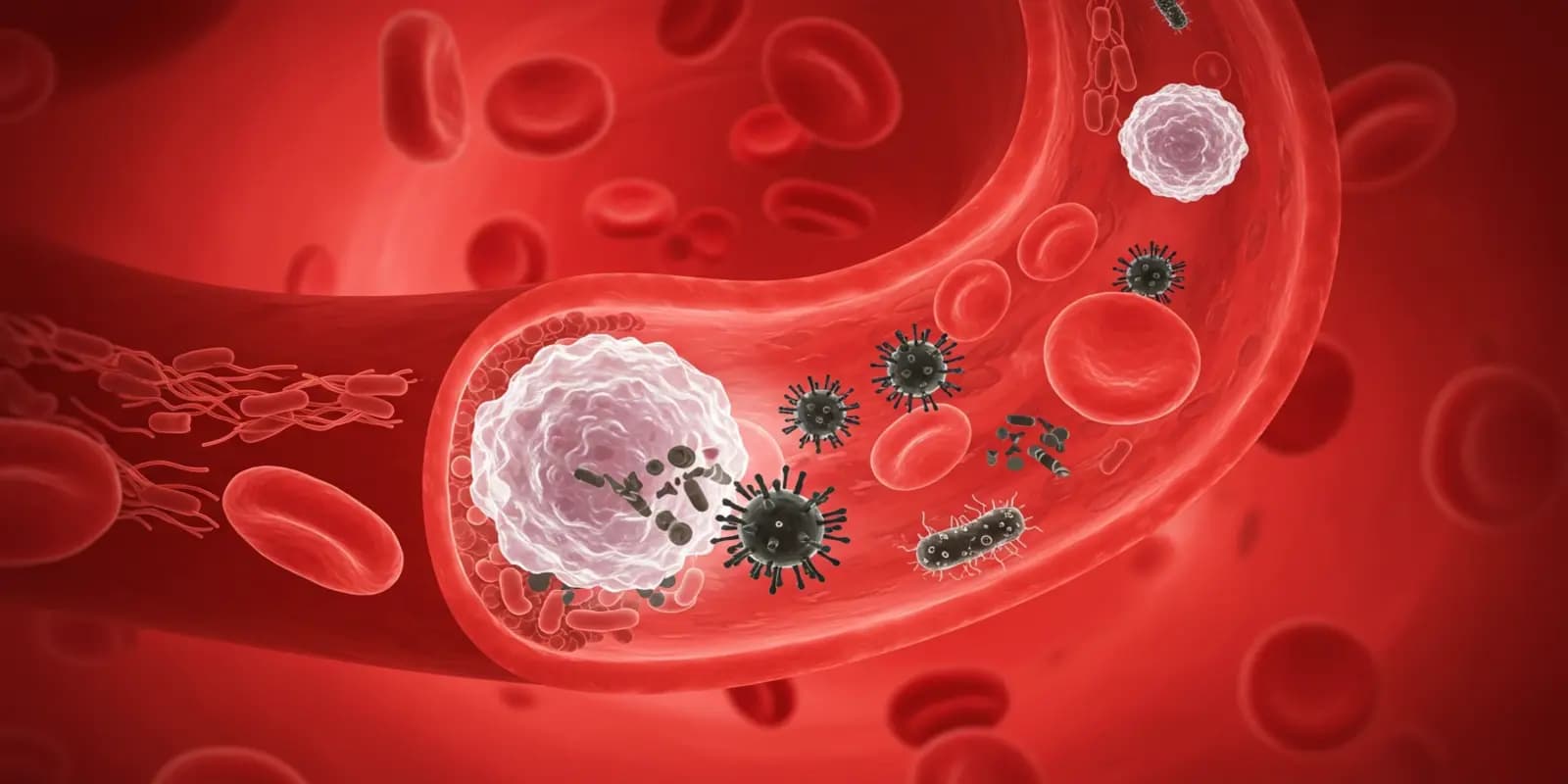 An illustration showing white blood cells attacking bacteria and viruses within a blood vessel, representing the immune system in action.
