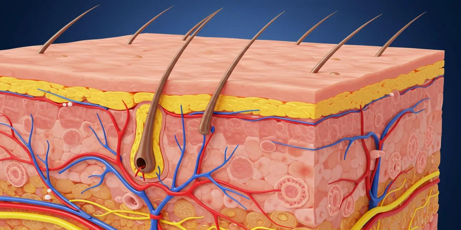 A cutaway view of the skin showing the epidermis (top layer), the dermis (middle layer with structures), and the subcutaneous tissue below.
