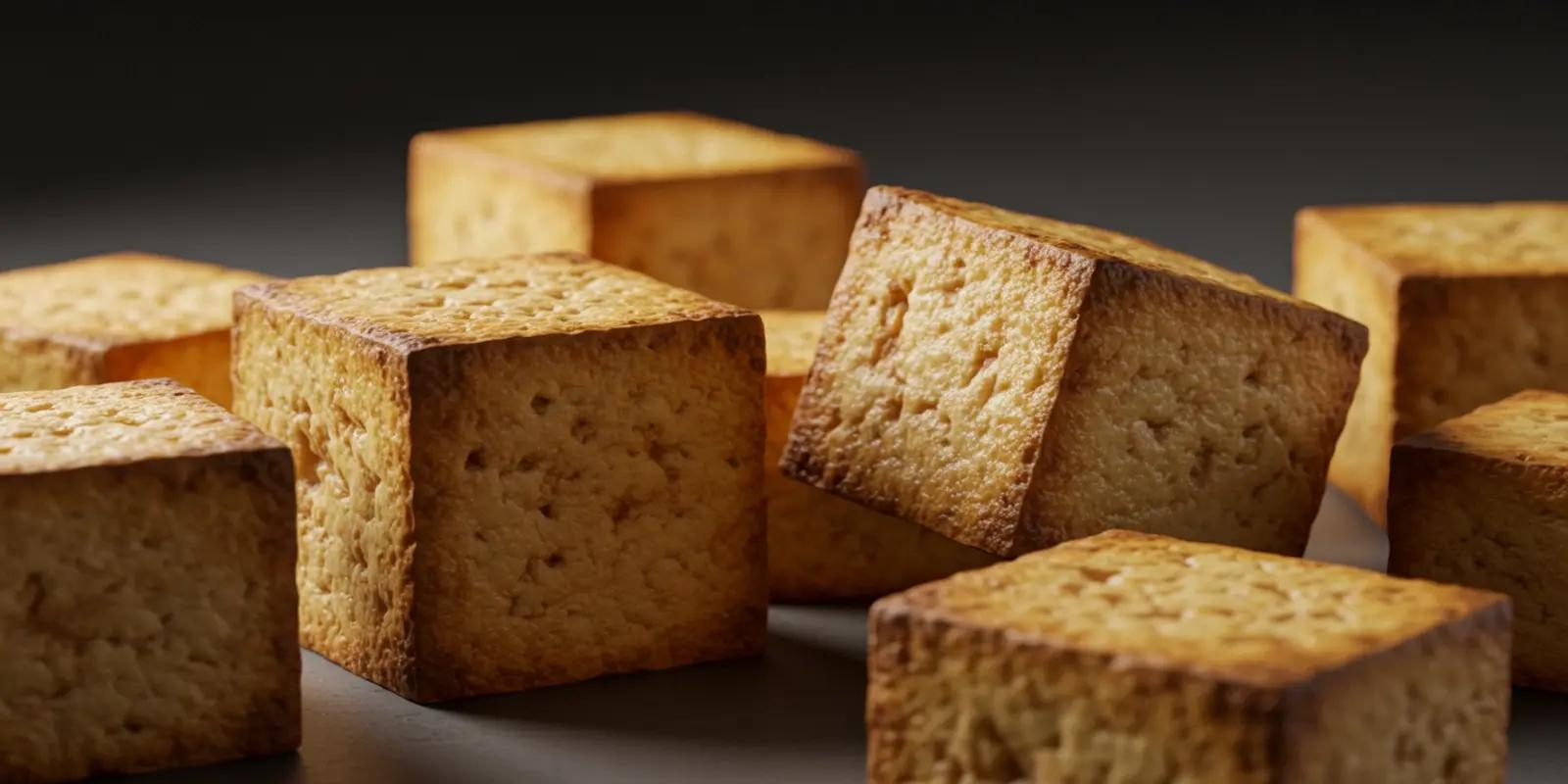Several golden-brown cubes of baked or pan-fried tofu are scattered on a light grey surface against a dark grey background. The tofu cubes have a slightly crisp and textured exterior.