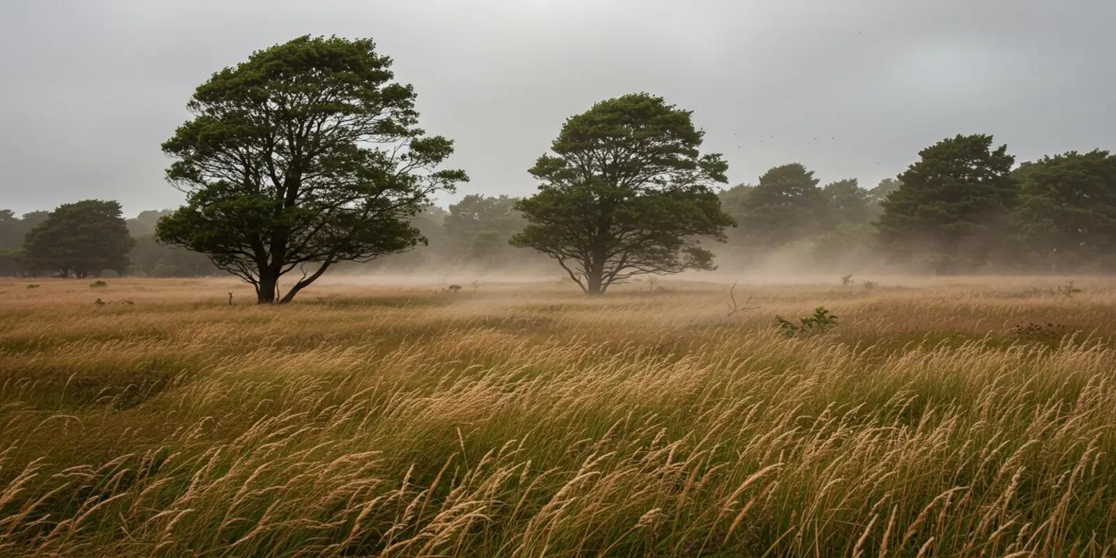 A landscape with tall, dry, golden-brown grass in a field being blown by the wind, creating motion blur. A light mist or fog is visible, particularly around several green trees scattered across the field, and appears to be moving or being dispersed by the wind.