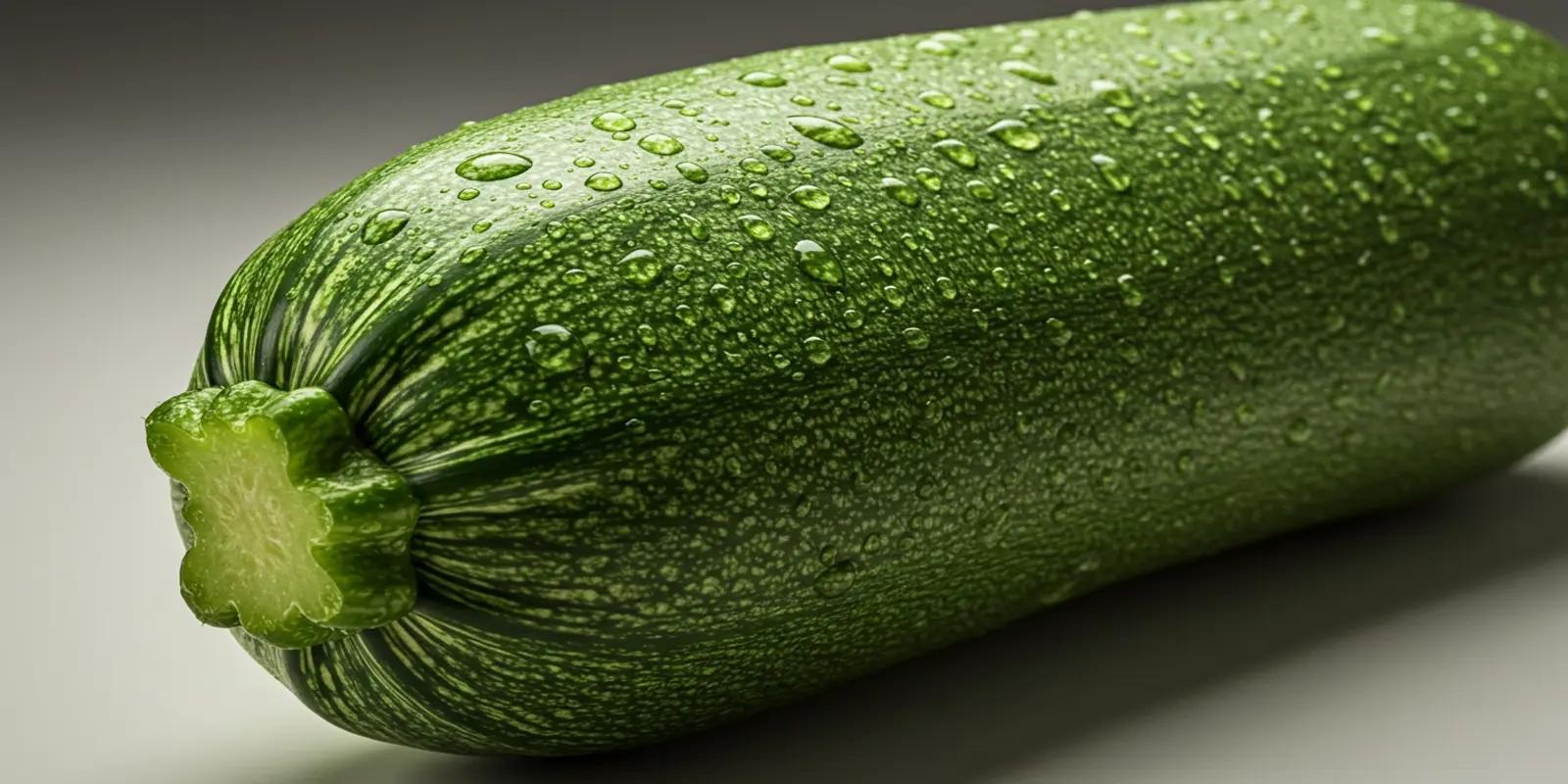 A single, dark green zucchini covered in glistening water droplets lies on a light grey surface. The zucchini is long and cylindrical with faint lighter green stripes and the remnants of a flower at one end.