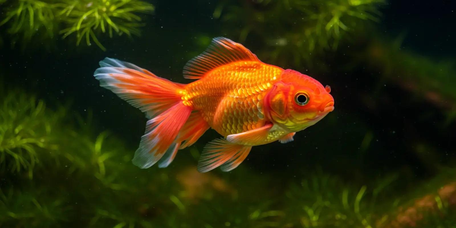 A vibrant orange and white fantail goldfish swimming in a freshwater aquarium. The goldfish has a rounded body, a prominent double caudal fin that is partially translucent white, and well-developed dorsal and paired fins.