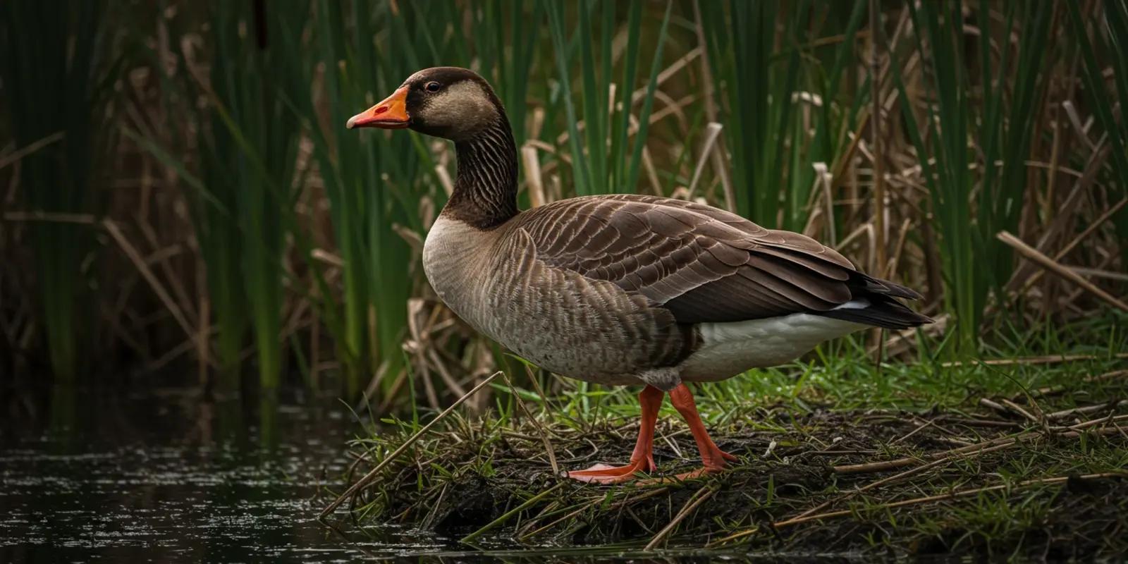 Greylag goose standing by a pond, featuring its gray-brown plumage, orange bill and legs.
