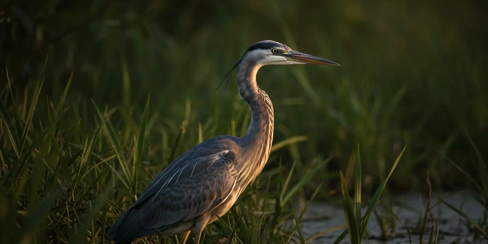 Grey heron standing amongst tall grasses in a wetland environment.