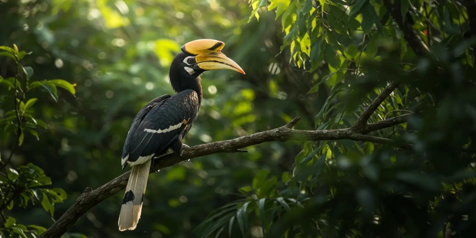 Great hornbill perched on a branch in a lush, green environment. The bird has a large yellow and black casque on its bill and black plumage with white markings on its wings and tail. It is looking to the left.