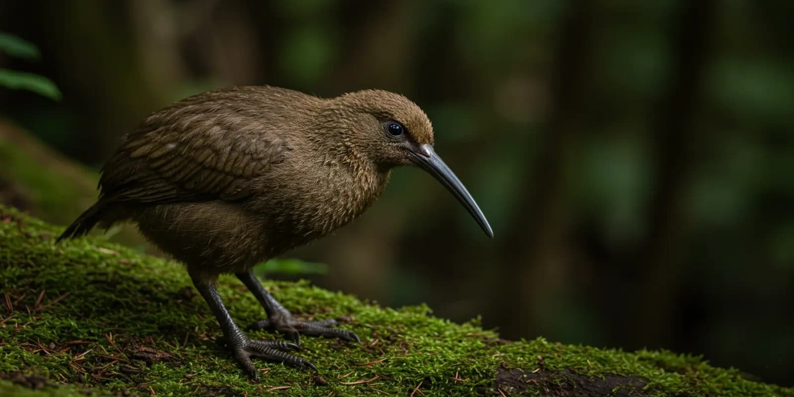 Kiwi standing on a mossy surface in a dimly lit forest. The flightless bird has brown, hair-like feathers and a long, slender, curved bill. It has small eyes and sturdy legs.