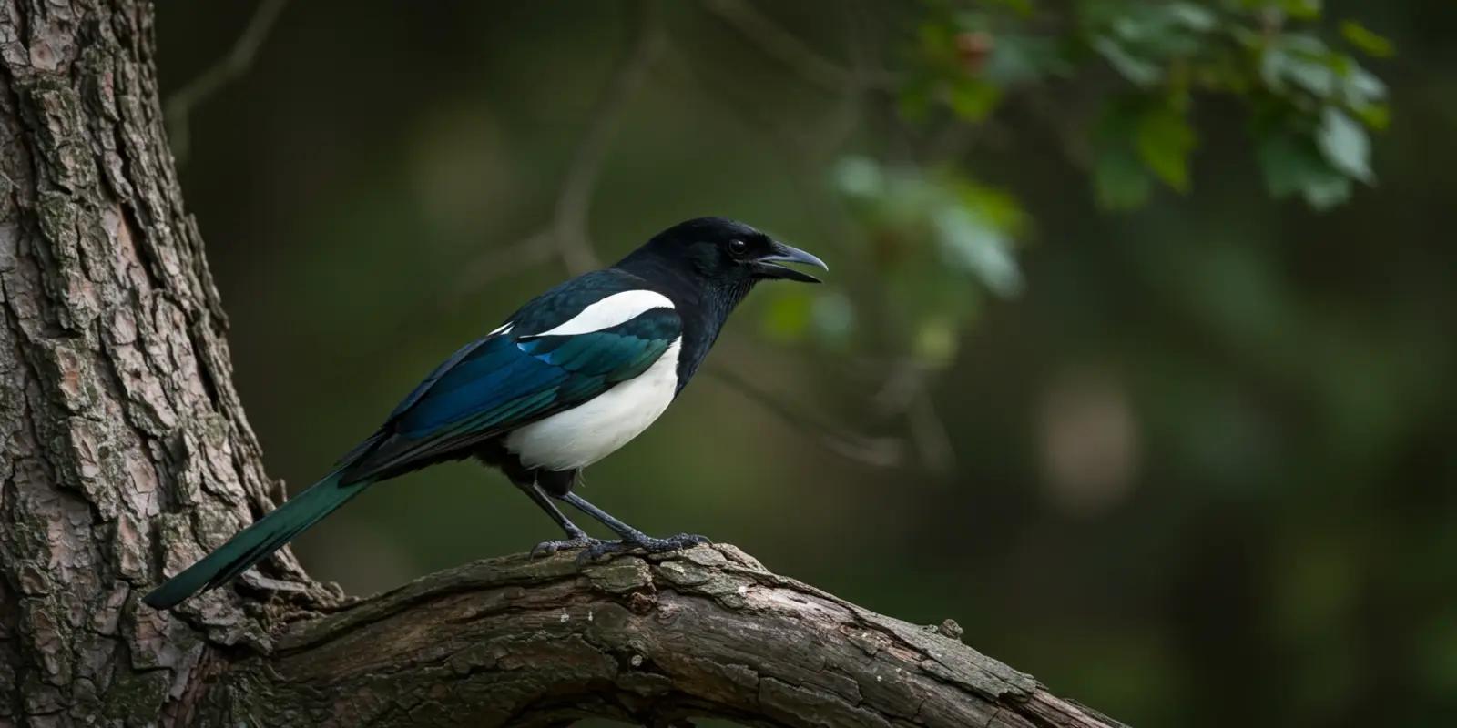 Eurasian magpie perched on a branch of a tree. The bird has black and white plumage, a long, iridescent tail, and a dark bill. It is looking to the right against a blurred green and brown background.