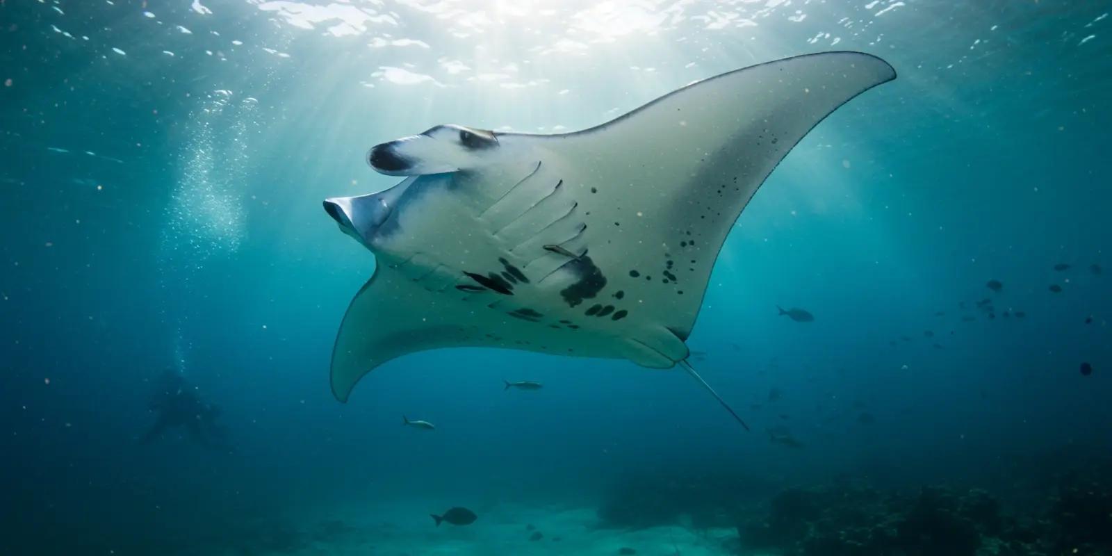 A large reef manta ray (Mobula alfredi) gracefully swimming in clear blue ocean water.