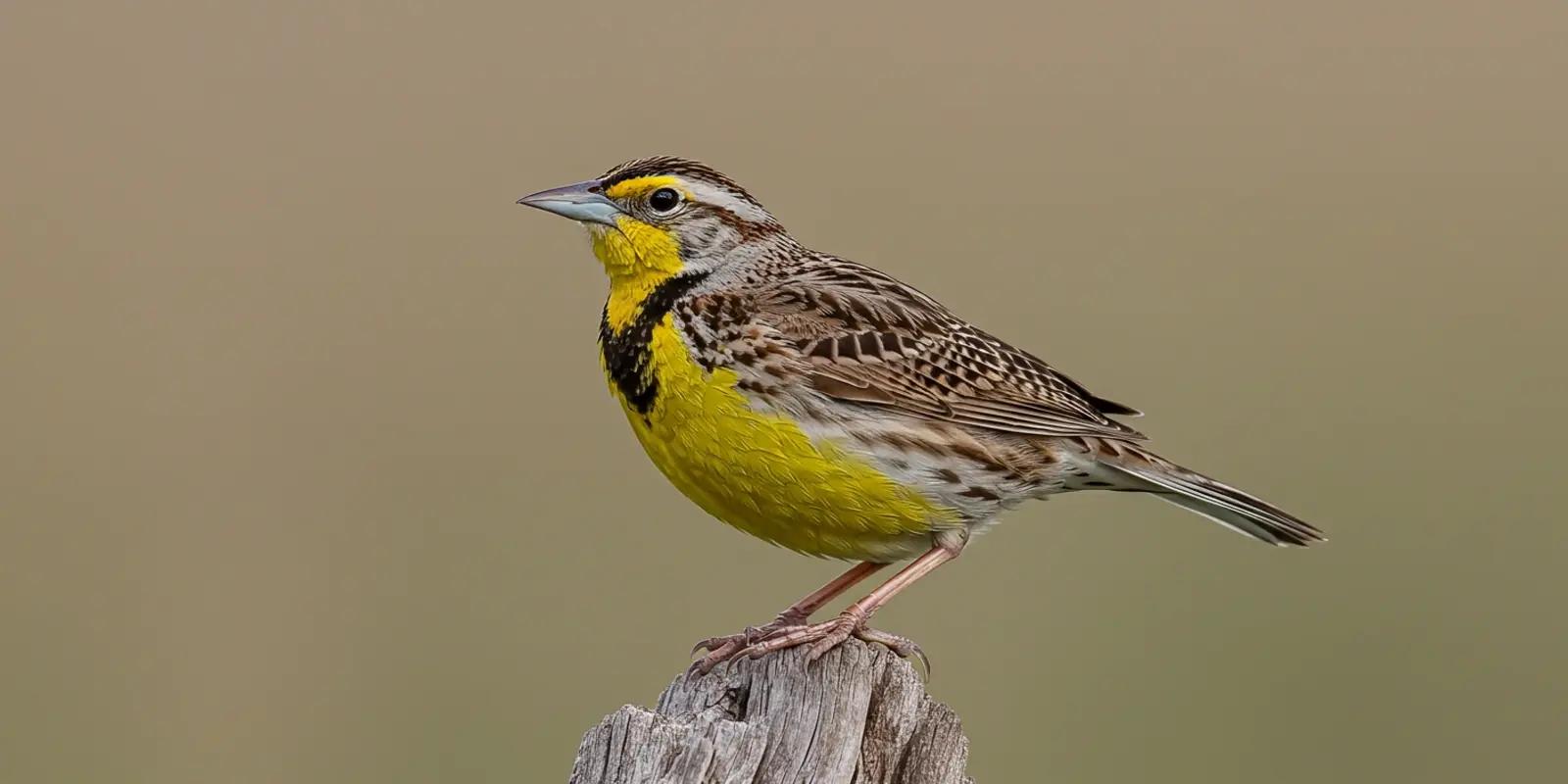 Western meadowlark perched on a weathered wooden post against a blurred tan background. The bird has a bright yellow throat and breast with a distinct black "V" shape across the chest, and a brown and black streaked back.