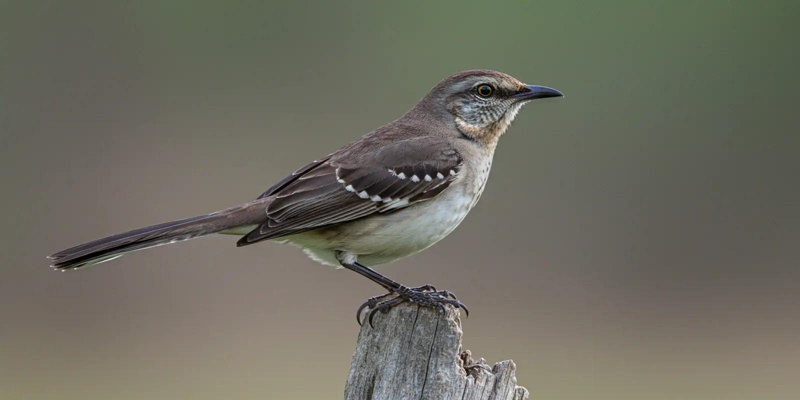 Northern mockingbird perched on a weathered wooden post against a blurred green and gray background. The bird has grayish-brown plumage, paler underparts, a long tail, and white patches on its wings. It has a slightly down-curved dark bill and a pale eye.