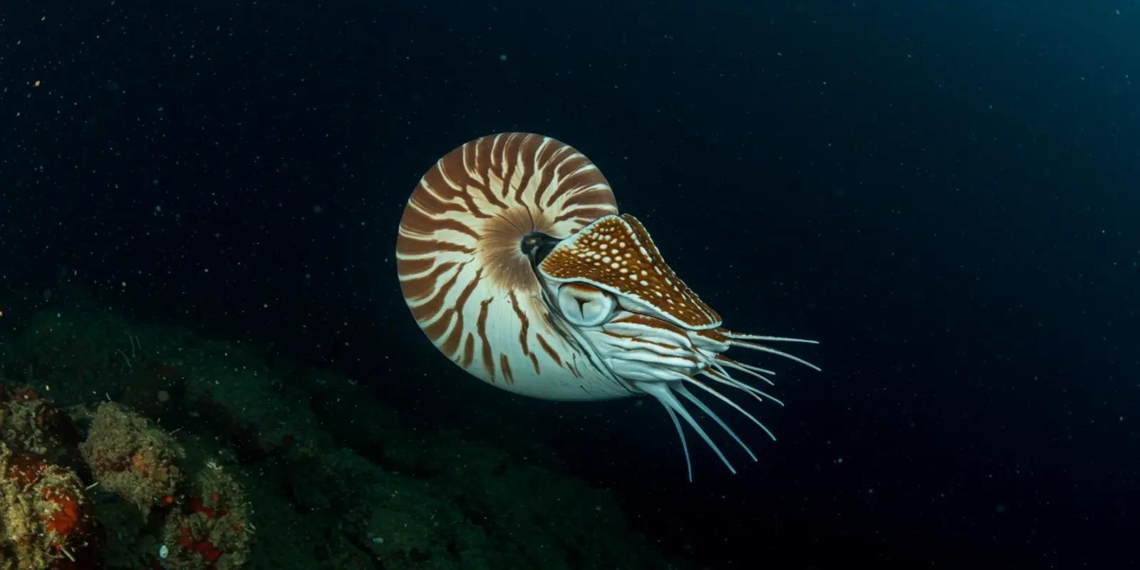 A chambered nautilus (Nautilus pompilius) swimming in the deep, dark ocean near a rocky outcrop.