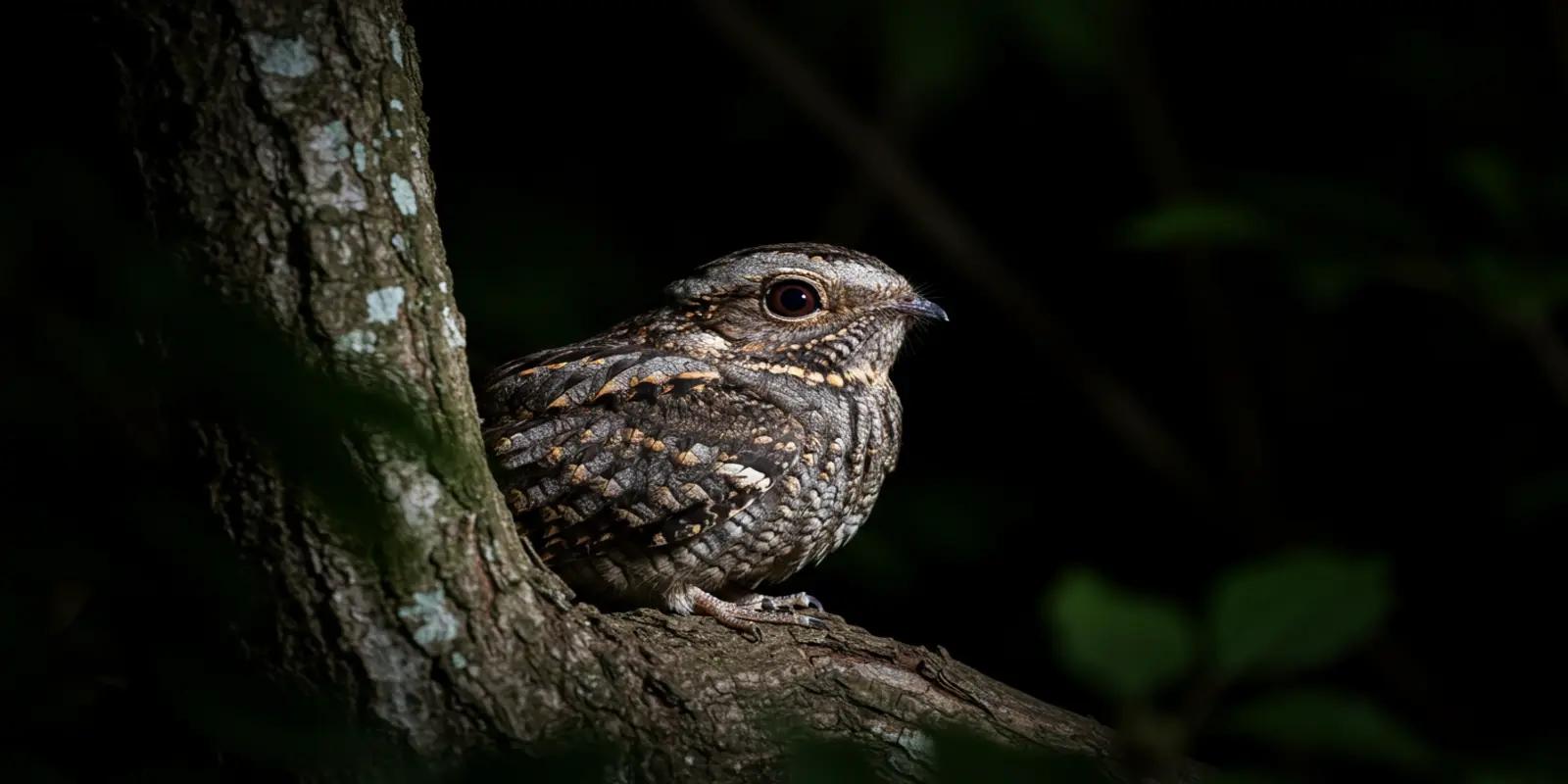 European nightjar perched on a lichen-covered branch in a dimly lit environment. The bird has highly camouflaged plumage with mottled browns, blacks, and greys. It has large, dark eyes and a short bill.