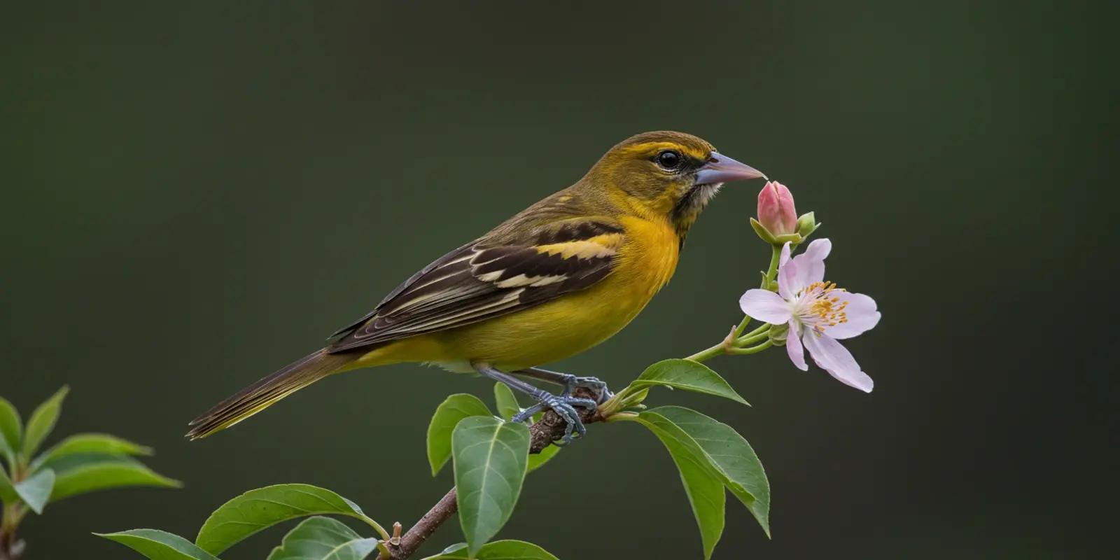 Orchard oriole, likely a female or immature male, perched on a flowering branch. The bird has yellowish-green plumage, darker wings with white wing bars, and a slender, pointed bill. It is holding a pale pink and white flower bud in its beak.