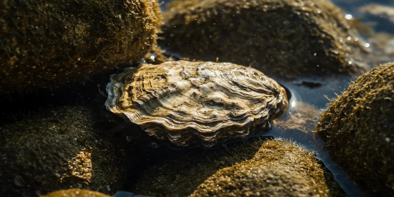 An oyster attached to dark, moss-covered rocks in shallow water.