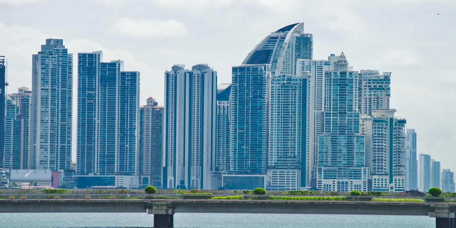 Skyline of Panama City, Panama, featuring modern high-rise buildings and skyscrapers along the waterfront.