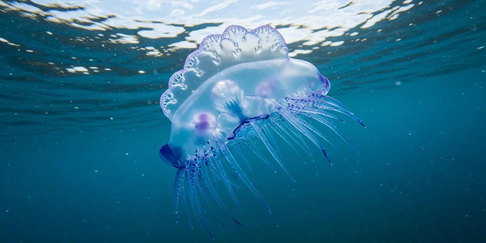 A Portuguese man o' war floating on the surface of clear blue ocean water. The organism has a translucent, bluish-purple gas-filled float with a wrinkled texture.