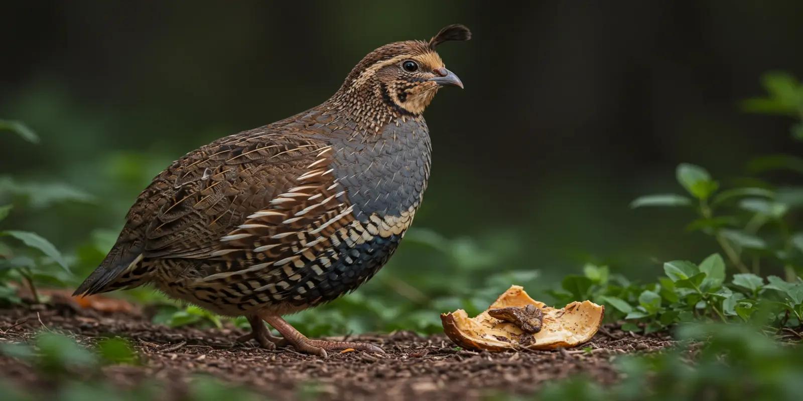 California quail standing on the ground near a piece of fruit. The bird has brown and grey plumage with a distinctive scaly pattern on its belly and a curved, dark crest on its head. It has a small, dark bill.