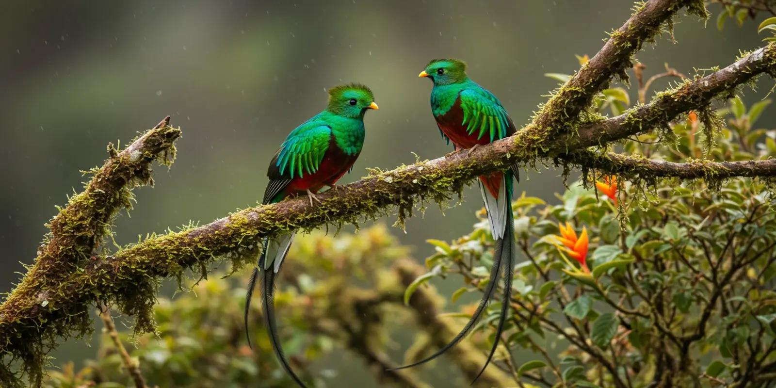 Two resplendent quetzals perched on a moss-covered branch in a lush, misty forest. The male on the left displays brilliant iridescent green plumage, a red lower breast, and very long, flowing tail feathers. The female on the right has similarly vibrant green plumage and a red lower breast, but a shorter tail.