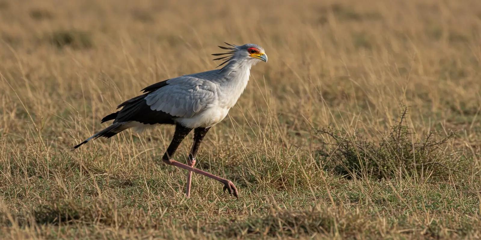 Secretarybird walking through tall, dry grass. The large bird has a grey body, black flight feathers and thighs, a crested head, a bare orange face, and long, pinkish legs.