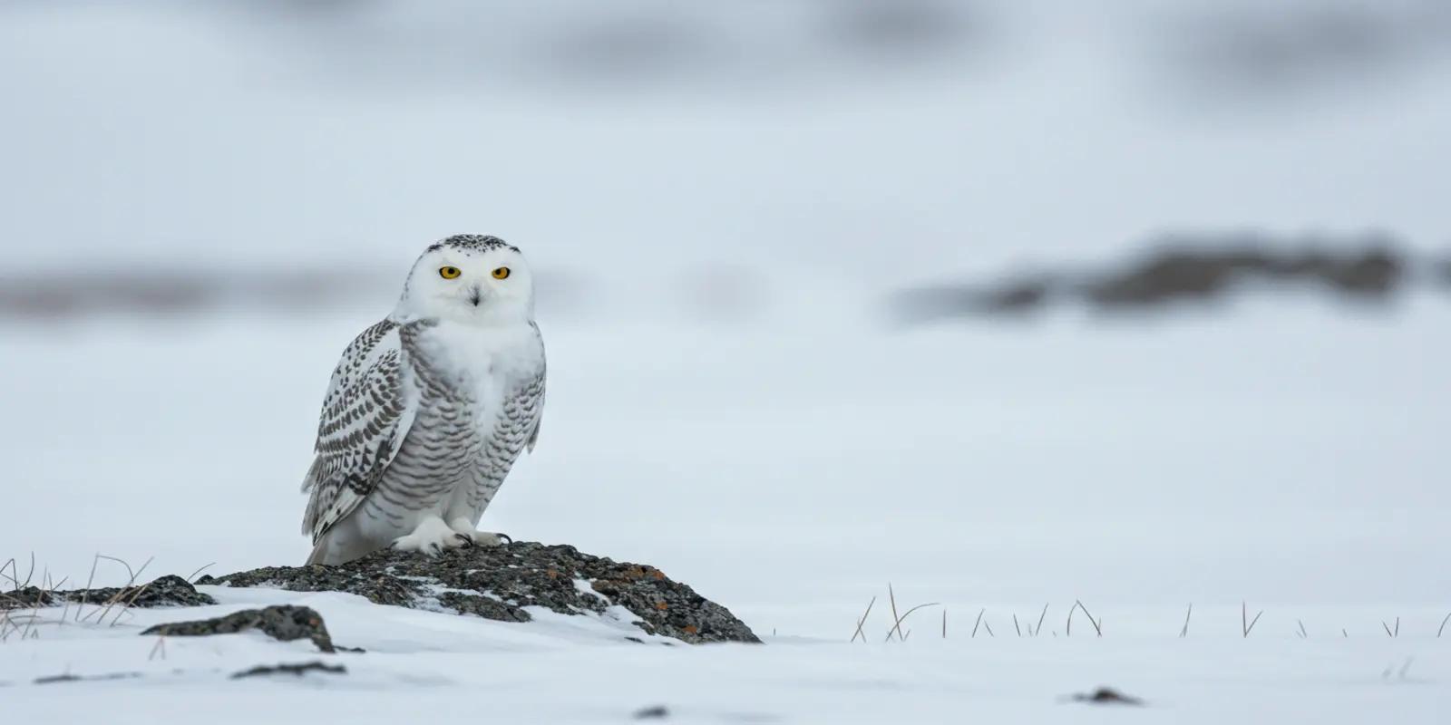 Snowy owl perched on a dark, snow-covered rock in a snowy landscape. The large owl has mostly white plumage with dark barring and bright yellow eyes. It is looking directly at the viewer.