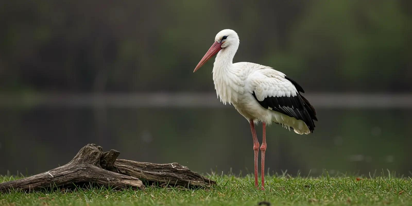 White stork standing on green grass near water. The large bird has white plumage with black wing feathers, long red legs, and a long, pointed red bill.