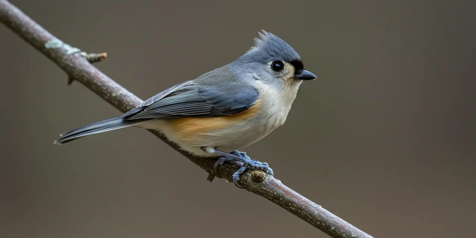 Tufted titmouse perched on a twig. The small bird has grey upperparts, white underparts with rusty flanks, a prominent grey crest, and a black patch on its forehead just above its short, dark bill. It has dark eyes and grey legs.