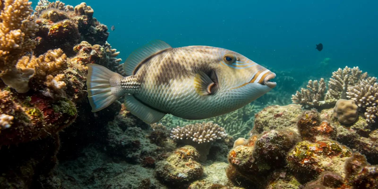 A titan triggerfish swimming amongst coral on a vibrant reef. The fish has an oval, laterally compressed body with pale coloration and dark diagonal bands.