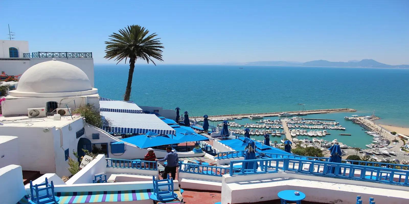 A bright, sunny day in Sidi Bou Said, Tunisia, showcasing white buildings with blue accents overlooking the Mediterranean Sea. The image includes a marina filled with boats, a palm tree, a domed building, blue and white striped awnings, and a terrace with people. The sea stretches to the horizon with mountains in the distance.