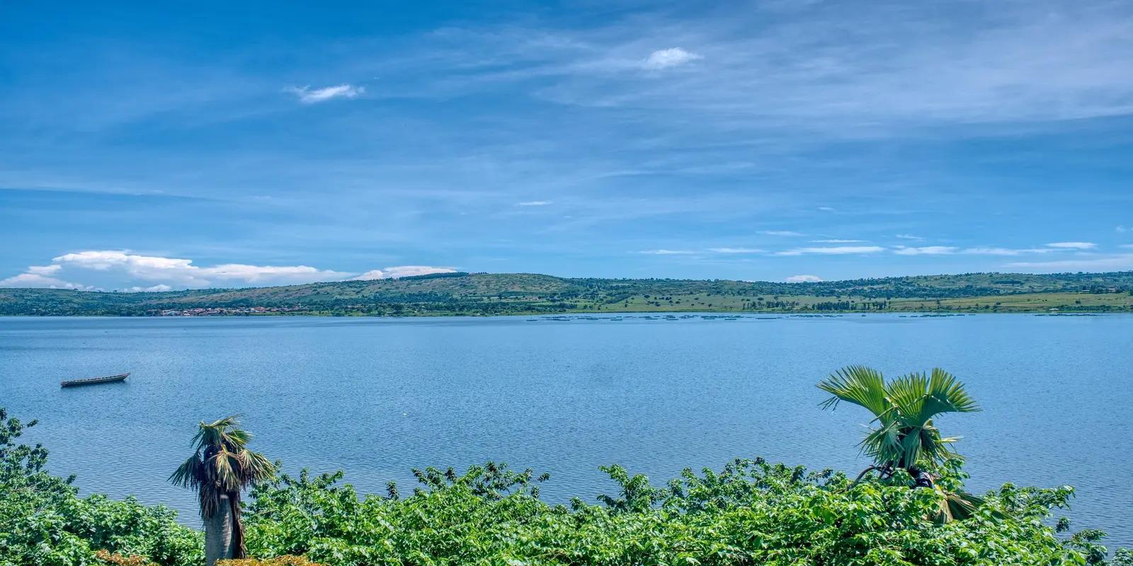 Scenic view of Lake Bunyonyi in Uganda with a calm blue lake, lush green vegetation in the foreground, palm trees, a small boat on the water, rolling hills in the distance, and a partly cloudy blue sky.
