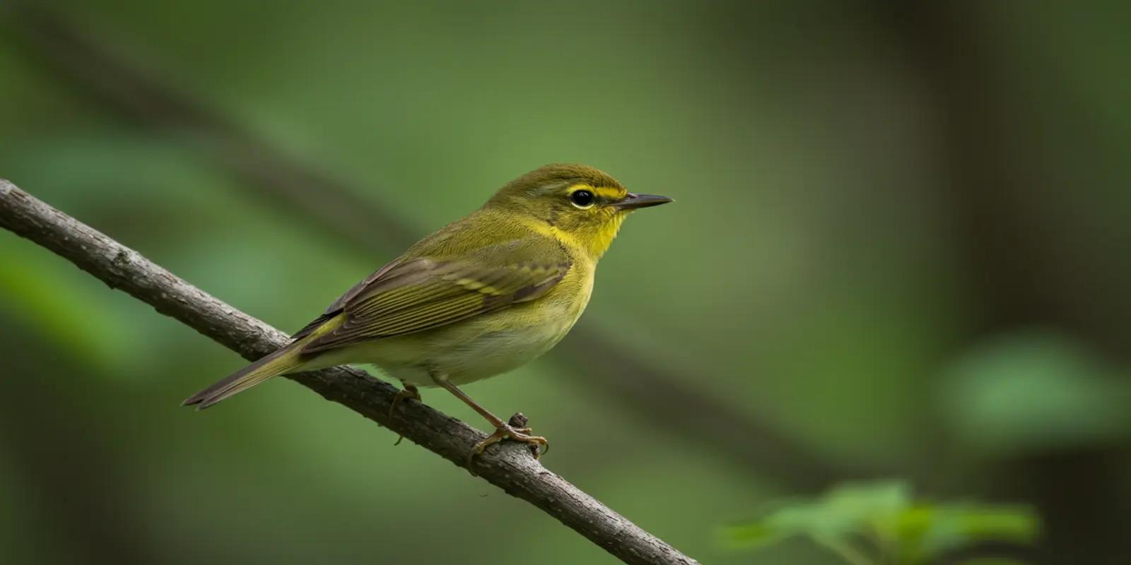 Wood warbler perched on a thin branch. The small bird has yellowish-green upperparts, a bright yellow throat and upper breast, a pale eyebrow stripe, and a dark stripe through its eye.