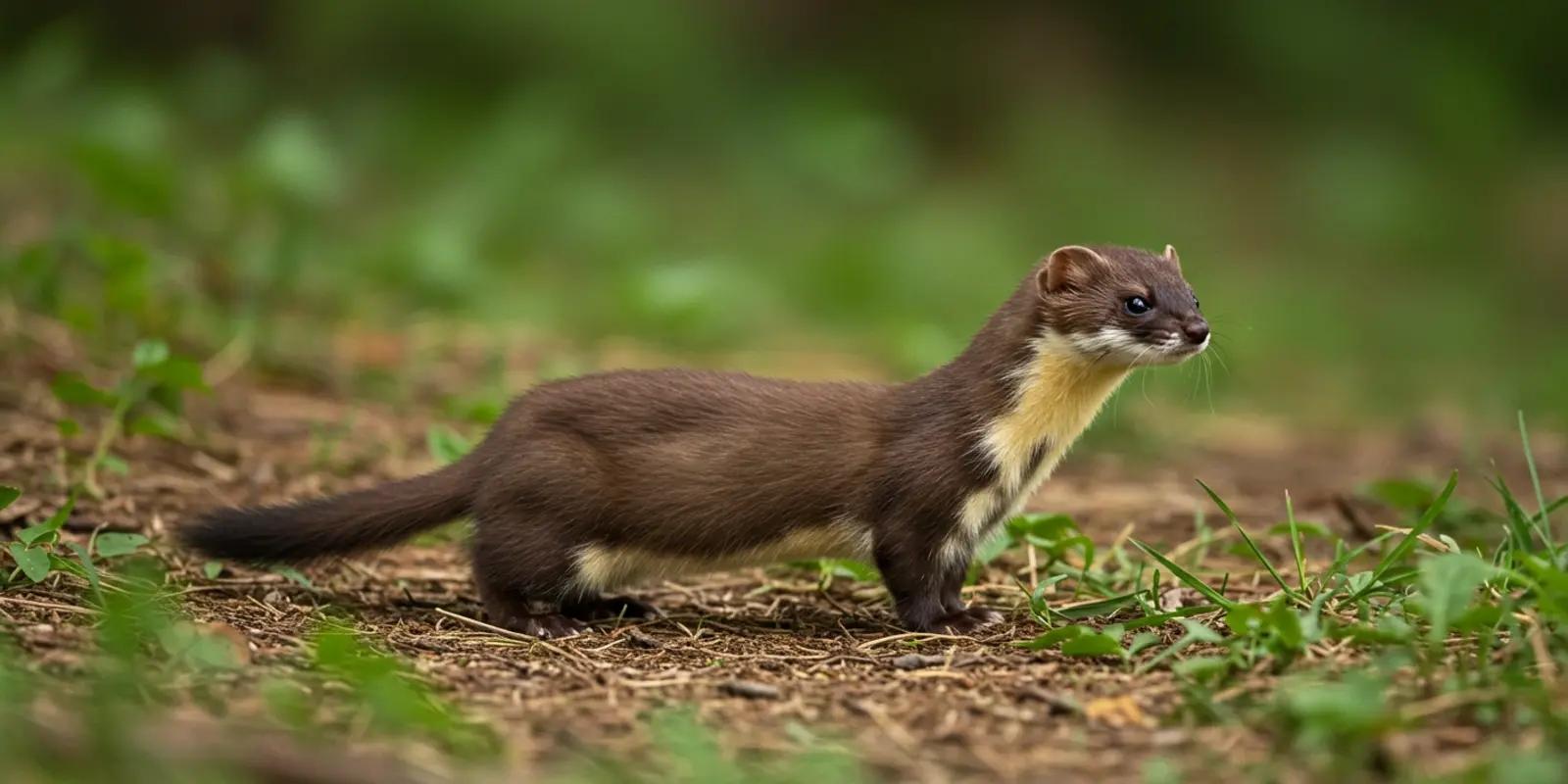 Yellow-bellied weasel standing in a grassy area, featuring its brown upper body, yellowish-white underside, and slender build.