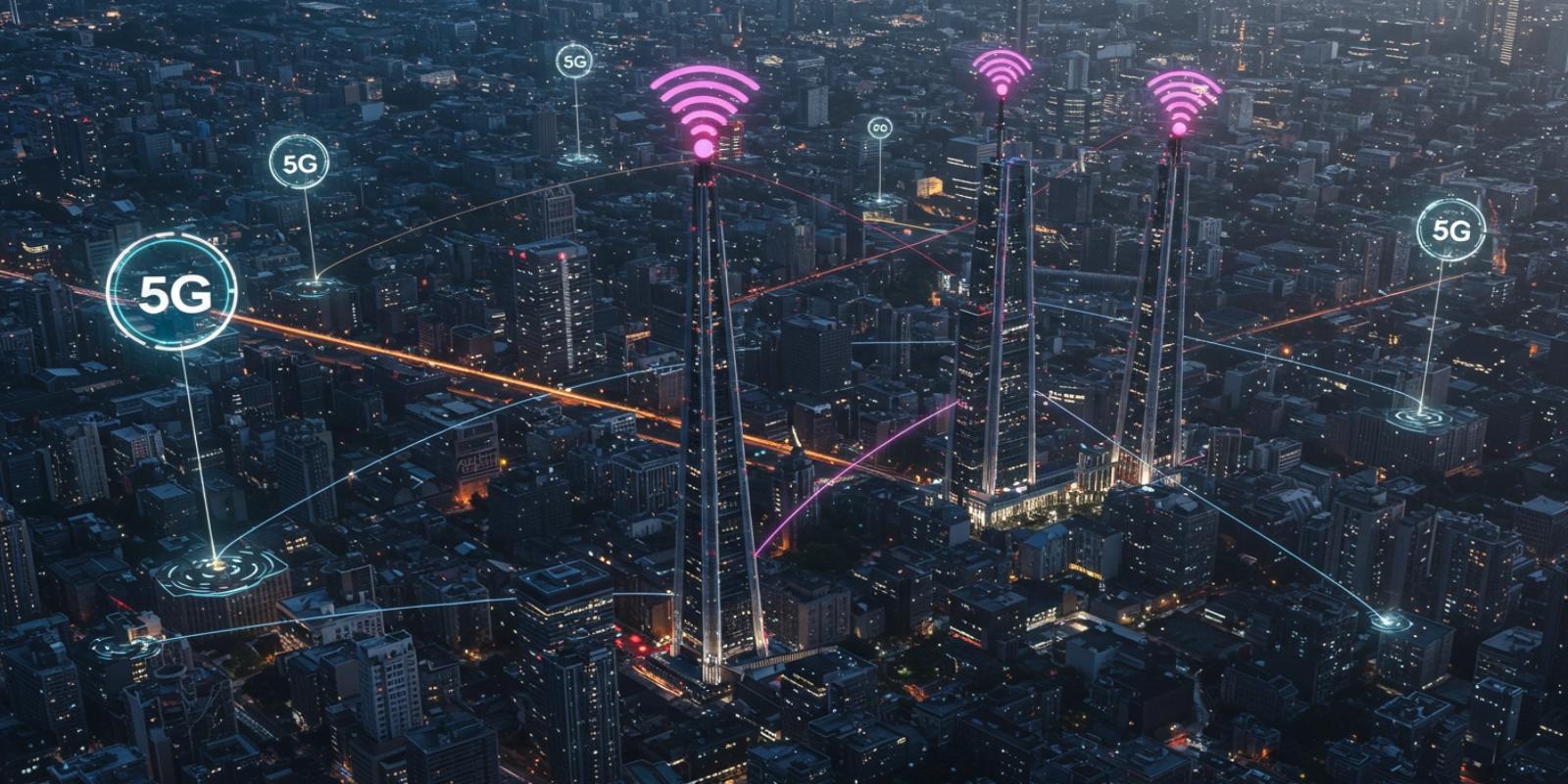A cityscape showing illuminated 5G towers transmitting signals across the urban area.