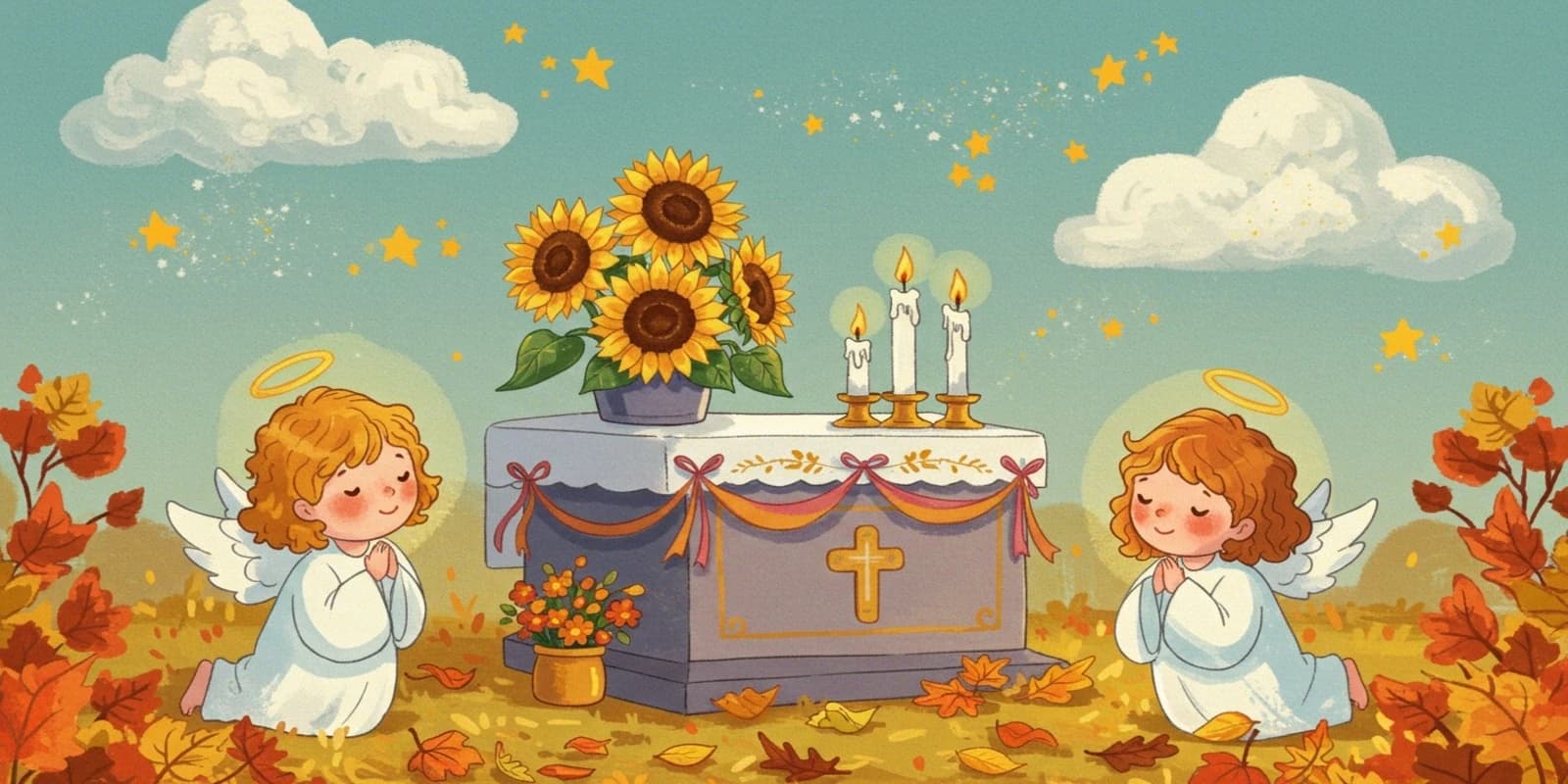 Two angels praying beside a decorated altar, featuring sunflowers, candles, and scattered autumn leaves under a starry sky